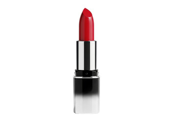 Fototapeta premium Ruby red, glossy lipstick, extended bullet, sleek metallic silver and black two-tone case, transparent background, studio shot, concept for beauty marketing