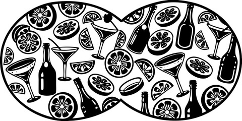 Hand-Drawn Cocktail and Citrus Pattern – Summer Drink Seamless Design, Hand drawn sketch style citrus and wine set Vector elegant doodle line illustration of lemons