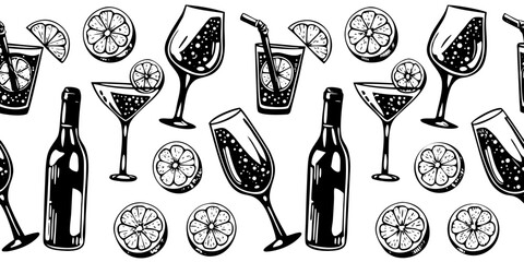 Hand-Drawn Cocktail and Citrus Pattern – Summer Drink Seamless Design, Hand drawn sketch style citrus and wine set Vector elegant doodle line illustration of lemons