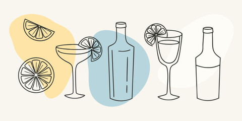 Hand-Drawn Cocktail and Citrus Pattern – Summer Drink Seamless Design, Hand drawn sketch style citrus and wine set Vector elegant doodle line illustration of lemons
