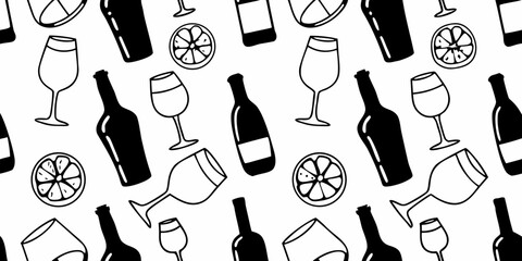 Hand-Drawn Cocktail and Citrus Pattern – Summer Drink Seamless Design, Hand drawn sketch style citrus and wine set Vector elegant doodle line illustration of lemons