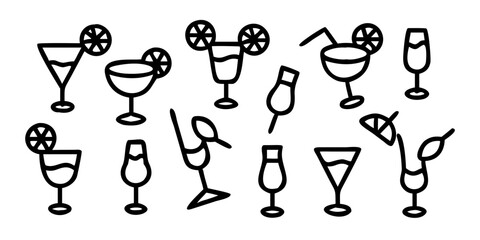 Hand-Drawn Cocktail and Citrus Pattern – Summer Drink Seamless Design, Hand drawn sketch style citrus and wine set Vector elegant doodle line illustration of lemons