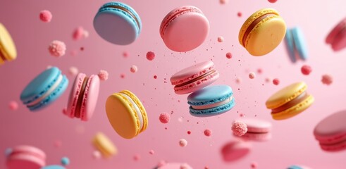 Colorful french macarons floating in a dreamy pink background