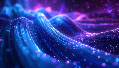 Abstract digital illustration of flowing, luminescent lines and particles in shades of blue, purple, and pink, resembling a landscape