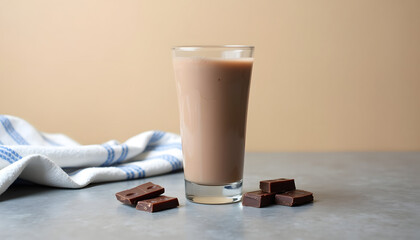 Chocolate milkshake in a glass with chocolate pieces on a table.