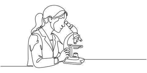 Continuous one line drawing of female scientist researching antibiotic formula using microscope, Vector black silhouette. with white background, Coronavirus medical research concept single line draw.