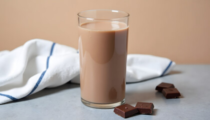 Glass of chocolate milk with chocolate squares on a table