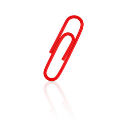 Red paperclip isolated on transparent background with reflection. Stock photo.