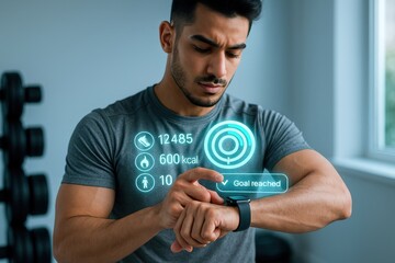 Fitness achievement monitoring gym environment digital health content indoor setting close-up view technology integration for enhanced wellness