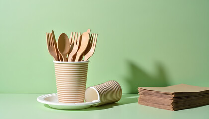 Eco-friendly disposable tableware on a light green background