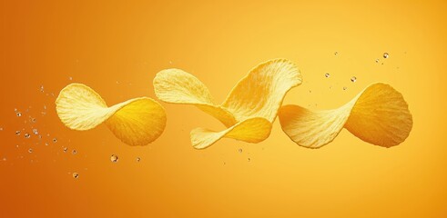Crispy potato chips twisting in mid air against a warm orange background