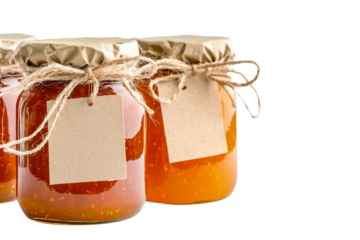 Artfully presented marmalade jar with handwritten label isolated on transparent background
