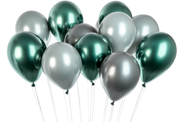 Metallic silver and green balloons isolated on transparent background