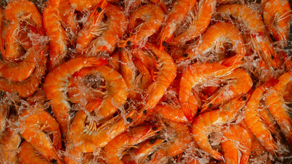Falling tasty orange prawns into water, close-up