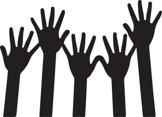 Silhouettes of raised hands isolated on white background, reaching for success