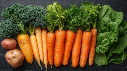 Vitamin A - Source: Carrots, Sweet Potatoes, Spinach, Kale. A vibrant close-up of fresh carrots and sweet potatoes, paired with spinach and kale leaves, arranged neatly. The vegetables are surrounded 
