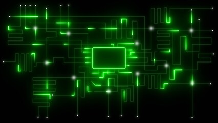 Glowing green circuit board lines on black background abstract circuitry