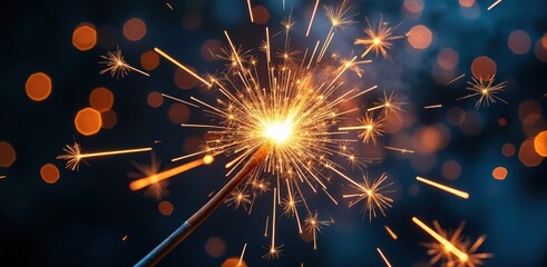 Bright sparkler exploding with fiery trails and bokeh lights