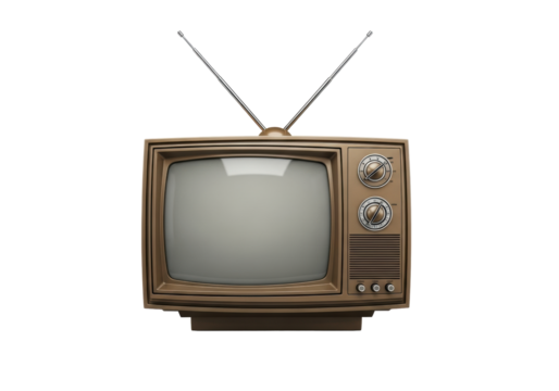 Pristine 1950s bronze-gold CRT television with rabbit ears and rotary knobs, isolated on a transparent background with copy space, studio lit, concept of vintage electronic design