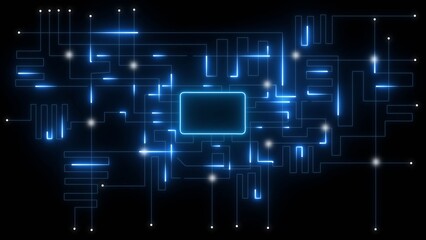 Glowing blue circuit board lines and central processor on black background technology computer