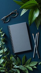 Gray notebook, glasses, pencils, green leaves