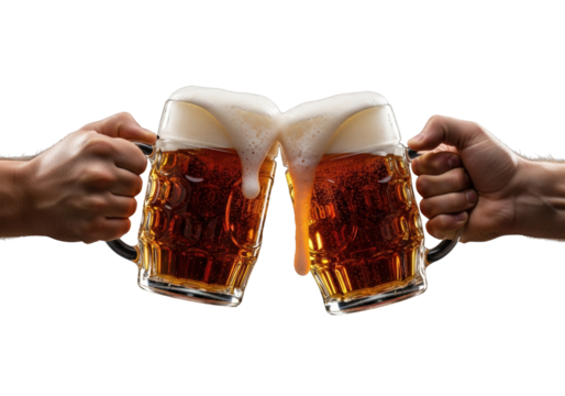 Two strong adult male hands clinking large dimpled beer mugs filled with dark amber beer, rich foam cascading, against a plain black background, studio backlighting. Celebration and camaraderie - Powered by Adobe
