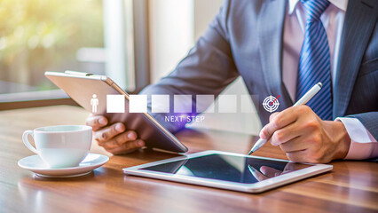 Next step business concept, Goal and target, Success and business target, Next step of work, plan, strategies, vision, project implementation