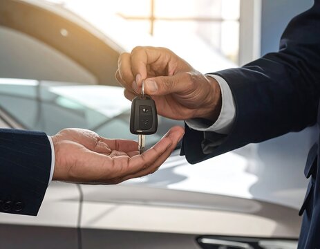Businessmen exchanging car keys
