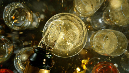 Freeze motion of pouring champagne into flute. Concept of celebration and success.
