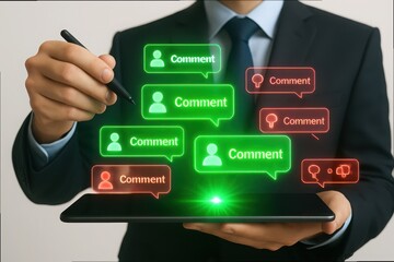 Businessman interacting with digital comment notifications on a tablet
