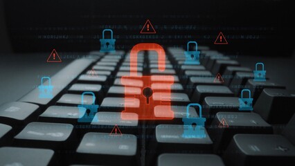 Digital security concept illustrating a cybersecurity breach, with a red unlocked padlock...