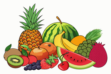 Fresh Tropical Fruits Illustration with Watermelon, Pineapple, Banana and Berries