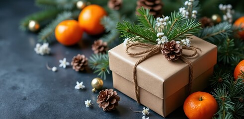 Festive christmas gift box with oranges and pine cones