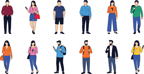 Smartphone users, digital lifestyle, mobile communication, diverse people, casual fashion, modern behavior, flat illustration, vector design, social media concept