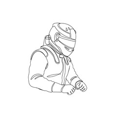 Racing driver in helmet preparing to race in minimalist line art  