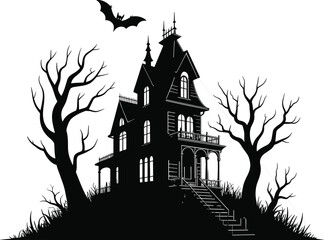 Spooky Victorian Haunted House with Bare Trees and Flying Bat – Black and White Halloween Vector Silhouette