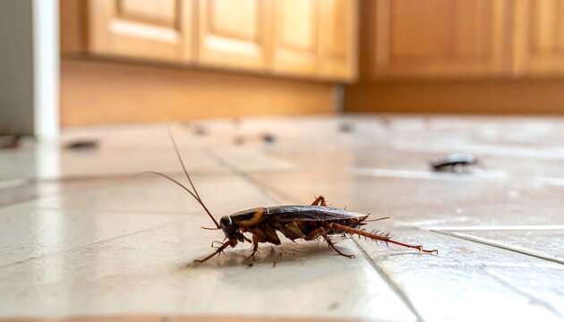 Close-up of a cockroach on a tiled floor, with other insects and kitchen cabinets in the blurry background. Shows pests, household infestation