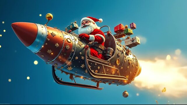 A santa claus is flying in a rocket with presents on it
