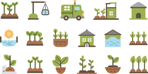 Set of cute cartoon farm and garden icons representing growth plants trucks houses and scales