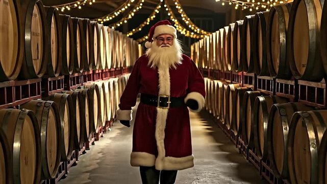 A man dressed as Santa Claus walking through a wine cellar