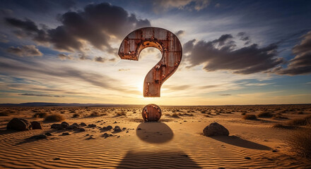 Rusted Metal Question Mark in Desert Landscape at Sunset