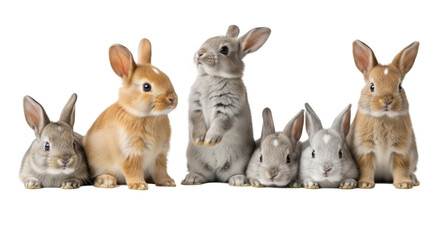 Six adorable baby rabbits, light brown, orange, and light grey, with large expressive eyes, peeking and standing on a bright white studio background with copy space, high-key lighting, concept of