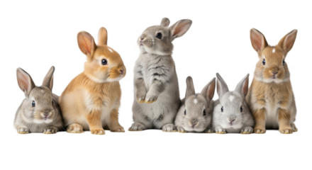 Six adorable baby rabbits, light brown, orange, and light grey, with large expressive eyes, peeking and standing on a bright white studio background with copy space, high-key lighting, concept of