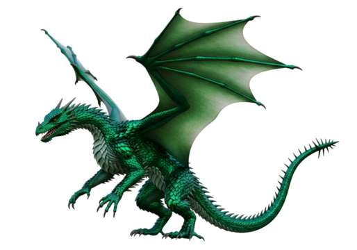 A vibrant emerald green dragon, wings outstretched, commands attention against a striking black backdrop.
