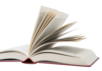 Open book with luxurious dark red leather cover, light cream pages with intricate text, fanned and turning on a transparent background with copy space, concept of knowledge and learning