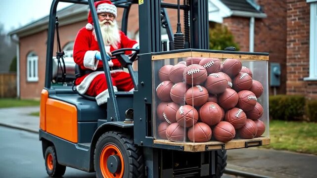 A man in a santa claus suit driving a forklift with a box full of footballs