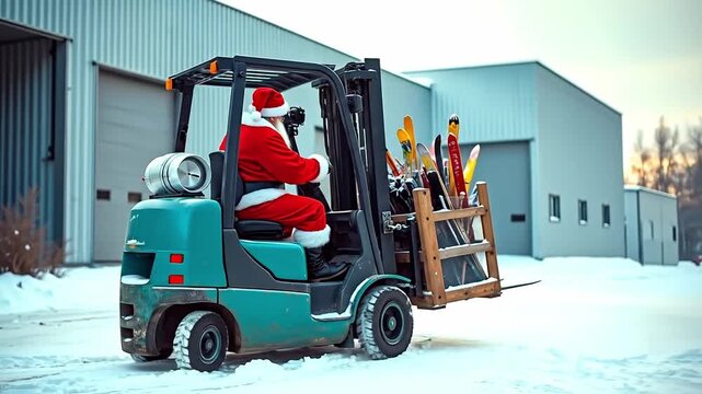 A man in a santa claus suit driving a forklift with skis and snowboards