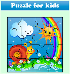 Colorful kids' puzzle illustration featuring snail, sun, and rainbow  