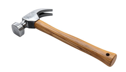 Metal and brown wood hammer tool has transparent background for construction and industry use.
