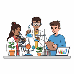Illustration of three students conducting science experiments in a lab.